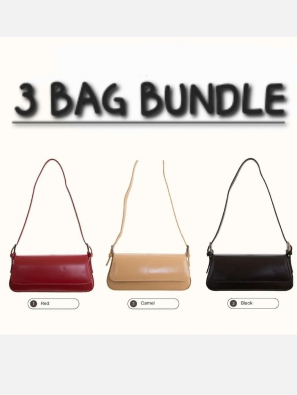 3 Handbag Bundle. Vegan Leather Shoulder Bag, Purse in Red, Camel & Black